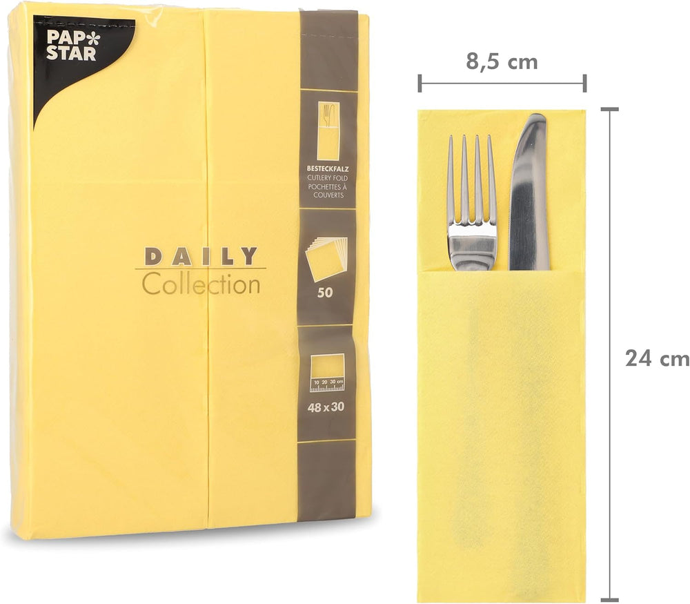 50 sachets de serviettes à couverts 'Collection DAILY' 48 Cm X 30 Cm jaune avec pli pour couverts