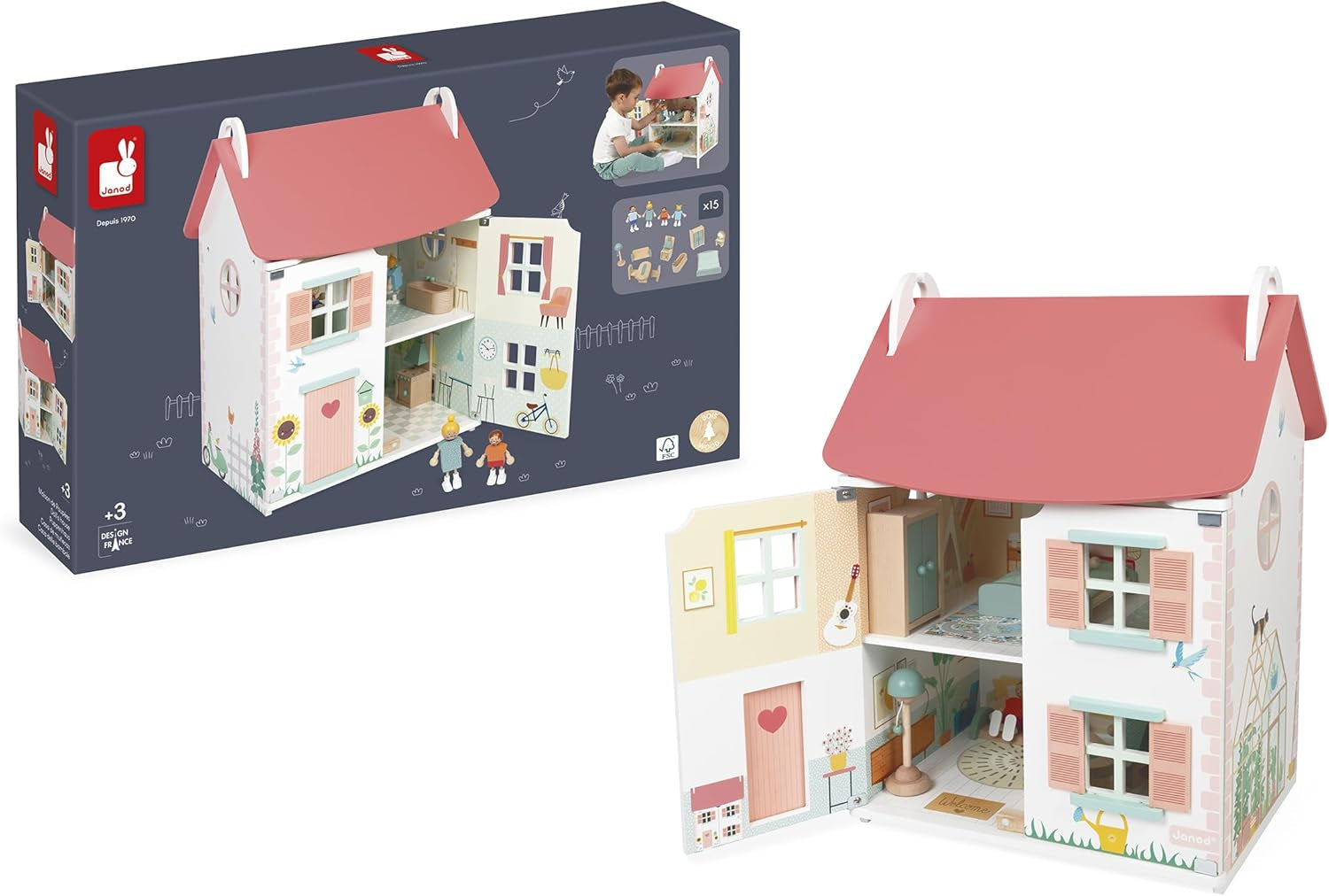 Janod - Ma première maison de poupée en bois - 10 accessoires - Meubles de poupée - Portes magnétiques et toit amovible - Jouet en bois certifié FSC - 3 ans et plus