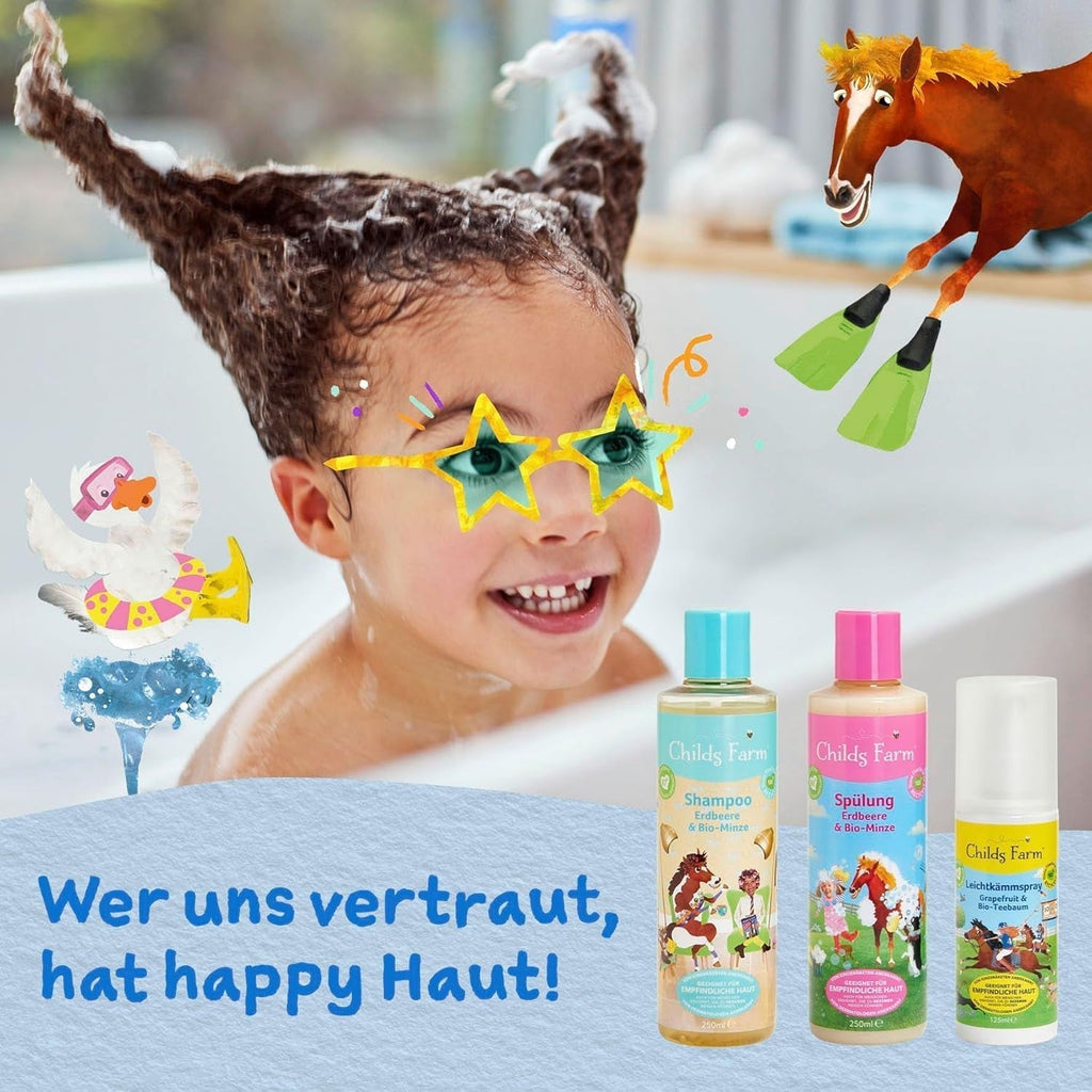 Balsam Childs Farm pentru copii 250 ml | Căpșuni și mentă organică | Toate tipurile de păr | Hrănește și hrănește | Potrivit pentru pielea uscată, sensibilă și predispusă la neurodermatită Copii - Baie si Skincare Naty Shop