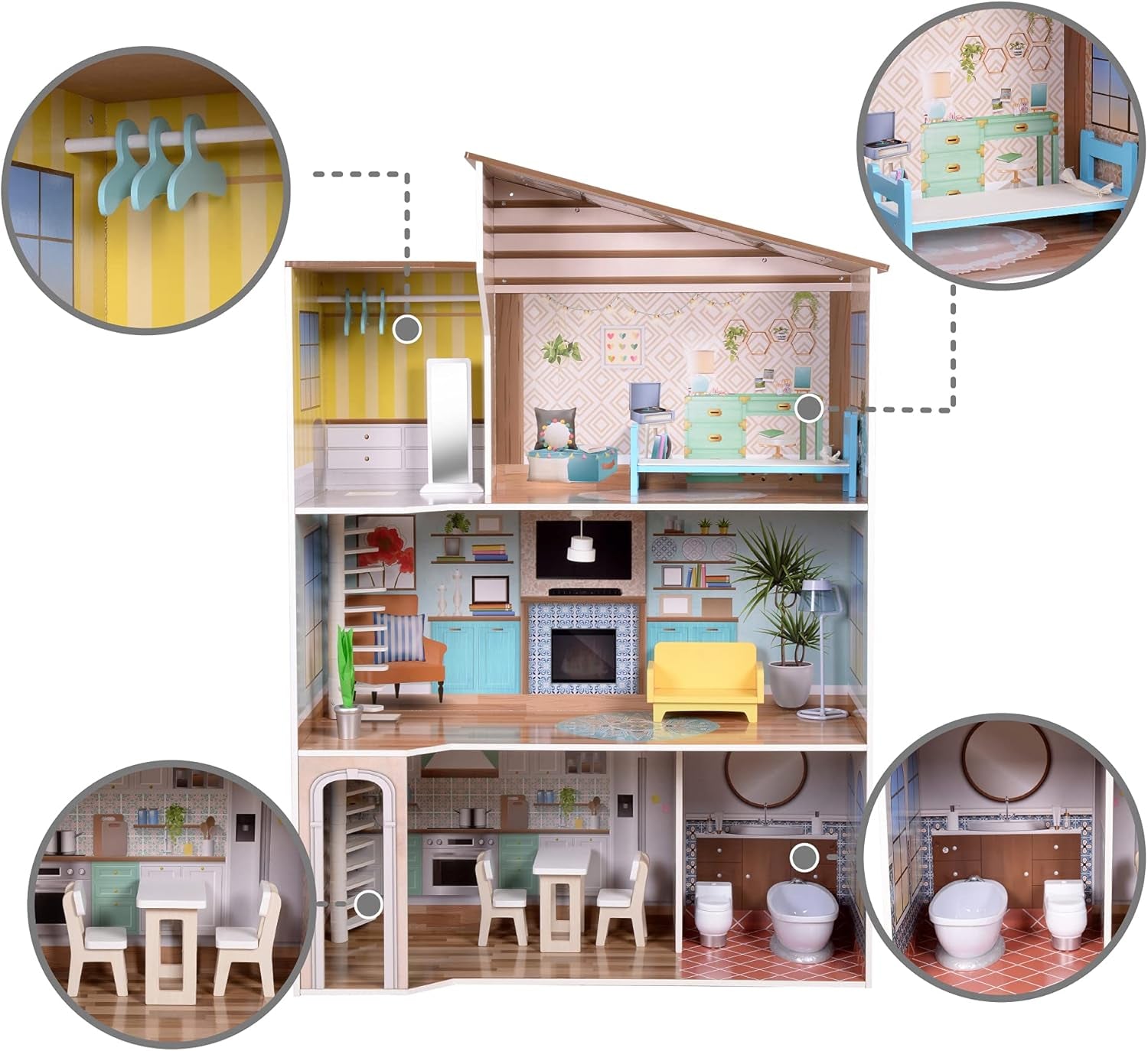 Olivia's Little World Maison de poupée interactive en bois à 3 étages de style méditerranéen contemporain pour enfants avec 17 accessoires de meubles de poupée multicolore TD-13551B