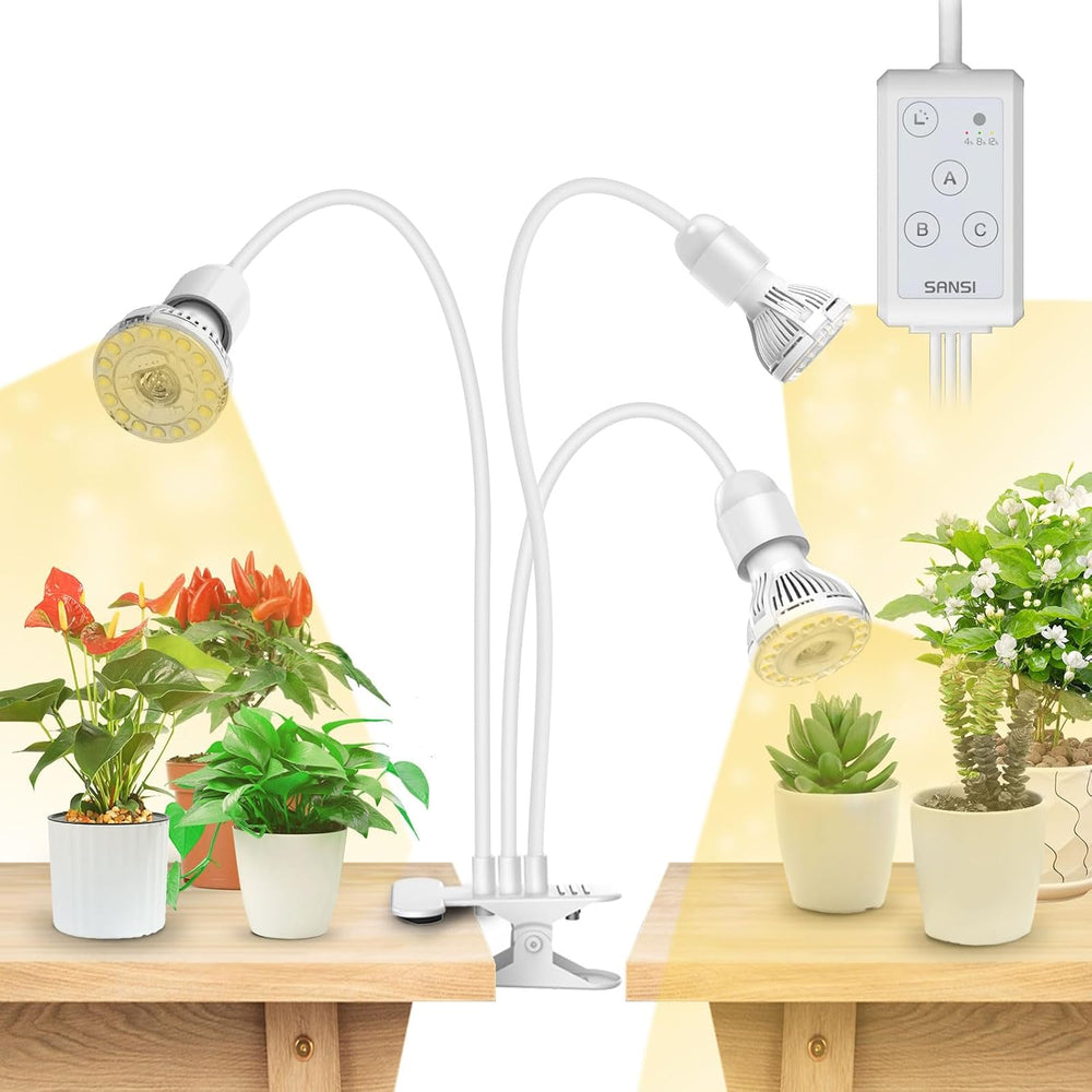 SANSI Lampe de culture LED pour plantes d'intérieur, 2 têtes, spectre complet, 10 W (équivalent 150 W), minuterie de 4/8/12 heures, lampe hydroponique suspendue pour serre de plantes d'intérieur