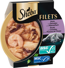 SHEBA Filets Adult Katzenfutter en Sauce au Poulet, Hochseefisch et Garnelen 16 x 60g Coquille