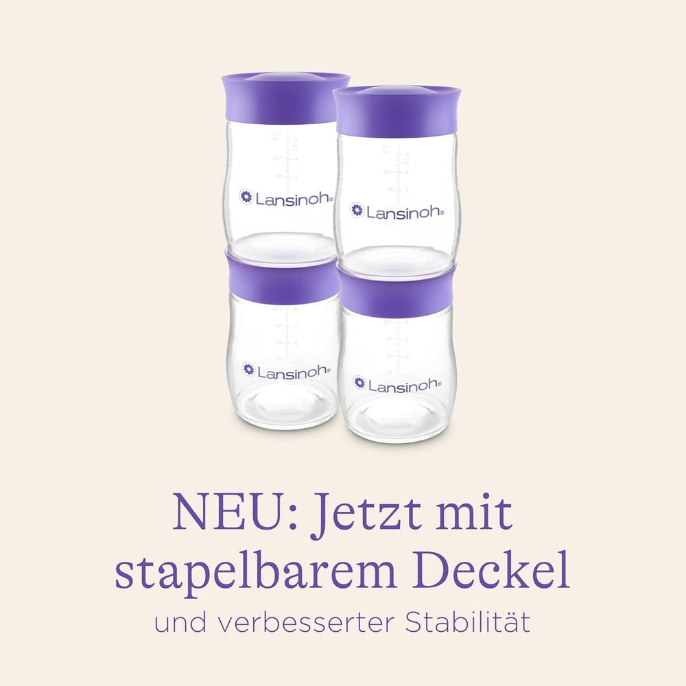 Lansinoh Muttermilchflaschen, 4 X 160 Ml - Zur Sicheren Muttermilch Austellungen - Neues Kompaktes Design Für Verbesserte Stabilität - Mit Stapelbarem Deckel Accessoires Alimentation et Allaitement Bebe Naty Shop
