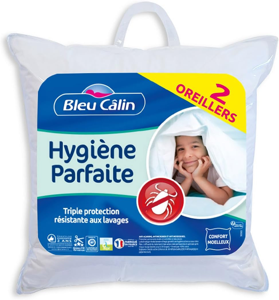 Bleu Câlin Lot de 2 oreillers rectangulaires anti-acariens, antibactériens, confort moelleux, T 60X60 Cm, 100% coton, hygiène parfaite assortiment oreillers standards Naty Shop