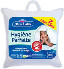 Bleu Câlin Lot de 2 oreillers rectangulaires anti-acariens, antibactériens, confort moelleux, T 60X60 Cm, 100% coton, hygiène parfaite assortiment oreillers standards Naty Shop