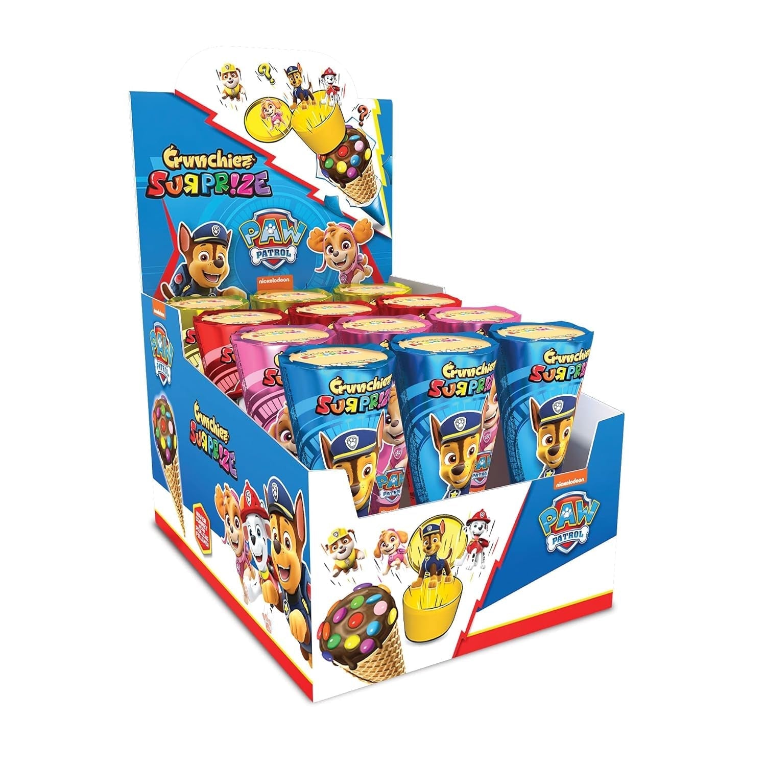 Crunchiez Surprise PAW PATROL, Cornet de glace fourré au chocolat et aux noisettes avec une surprise de haute qualité, plateau de 12 x 25 g