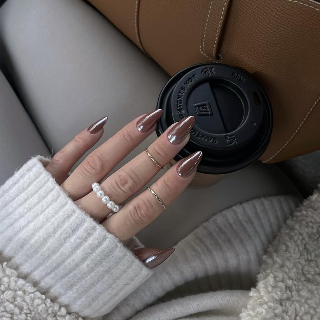 Ongles Chromés Autocollants - Colle Pailletée Brun Amande Moyen Sur Les Ongles Faux Ongles Pailletés Colle Sur Ongles Artificiels Ongles Acryliques Vernis Pour Femme 24 Pièces