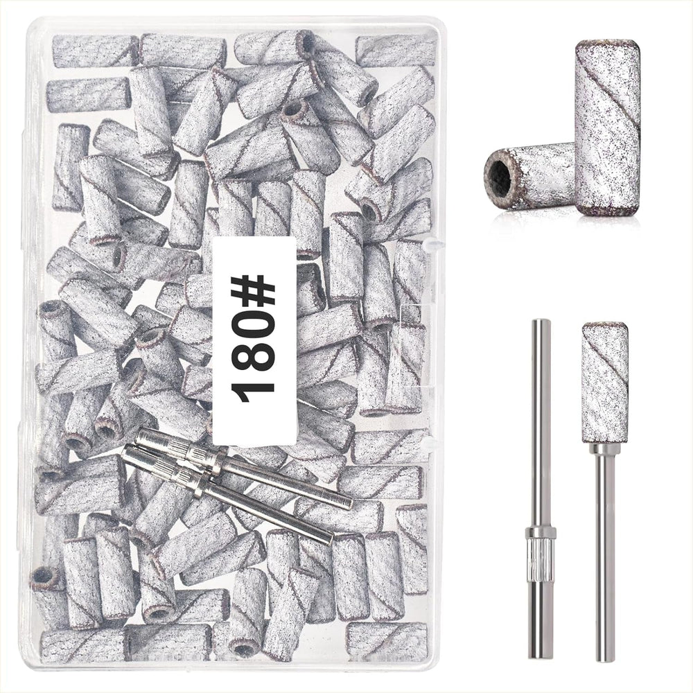 BLESWIN 100 petites bandes abrasives pour forets à ongles, grain fin 240 avec 2 forets de 3 mm, mini bandes abrasives pour polir les ongles naturels et nettoyer les cuticules pour la préparation, rose