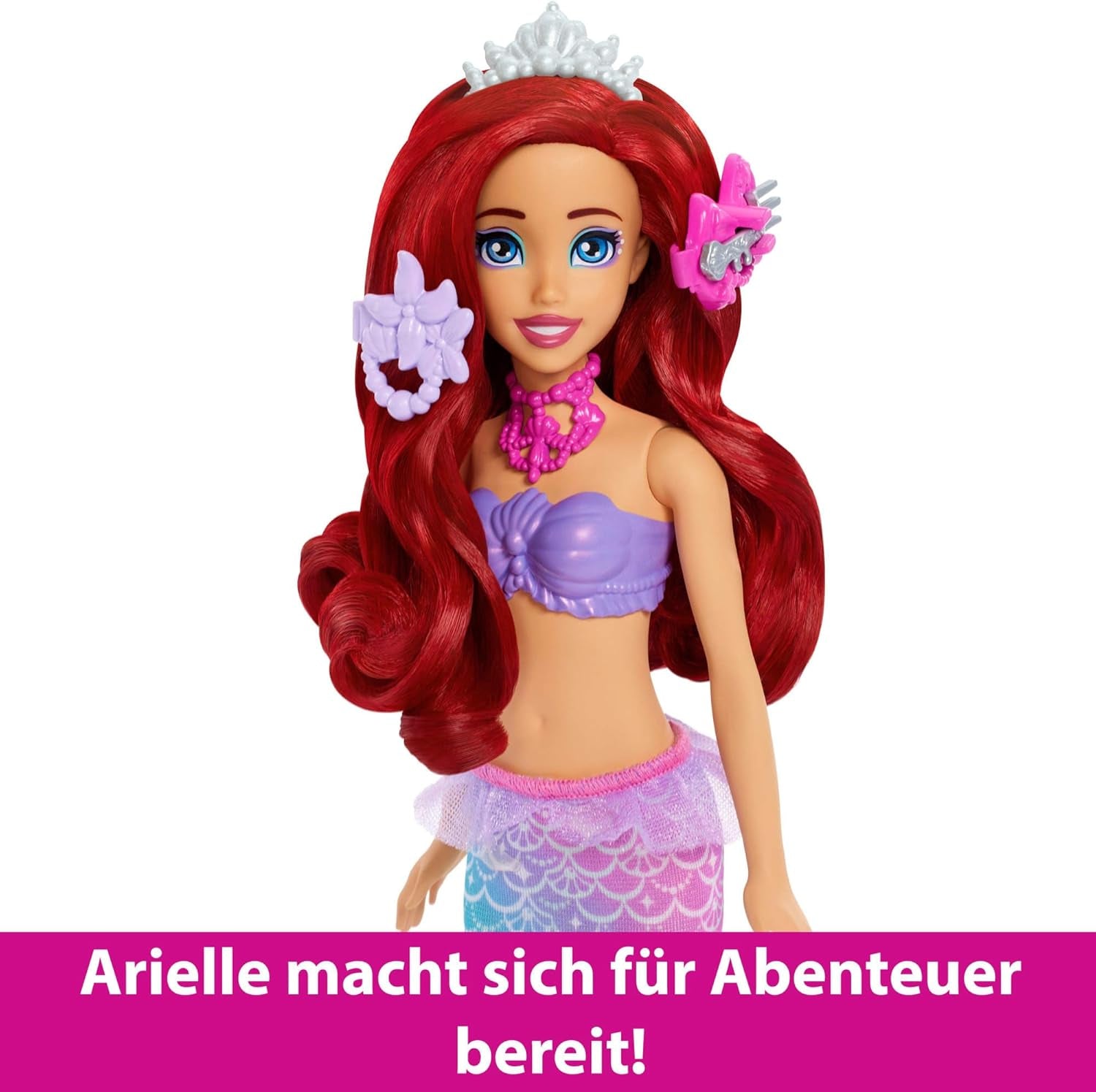 Mattel Disney Princess Toys, poupée mannequin Arielle sirène avec queue amovible, table de maquillage avec 5 surprises pop-up répétables et 5 accessoires, JBF86 Naty Shop Dolls