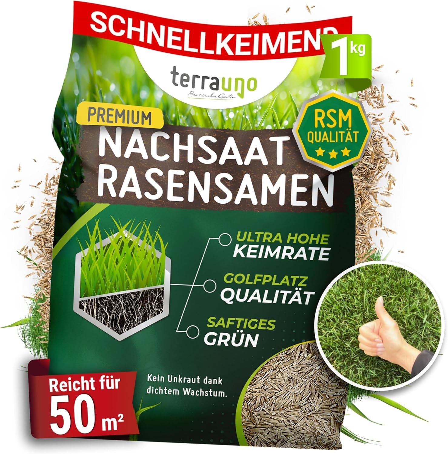 Terrauno - Rasensamen Schnellkeimend I Nachsaat Rasen I Extrem Hohe Keimrate I 1 Kg Für 50 M² I Rasensamen Trockenresistent Zur Schnellen Lückenschließung I Rasennachsaat RSM Qualität