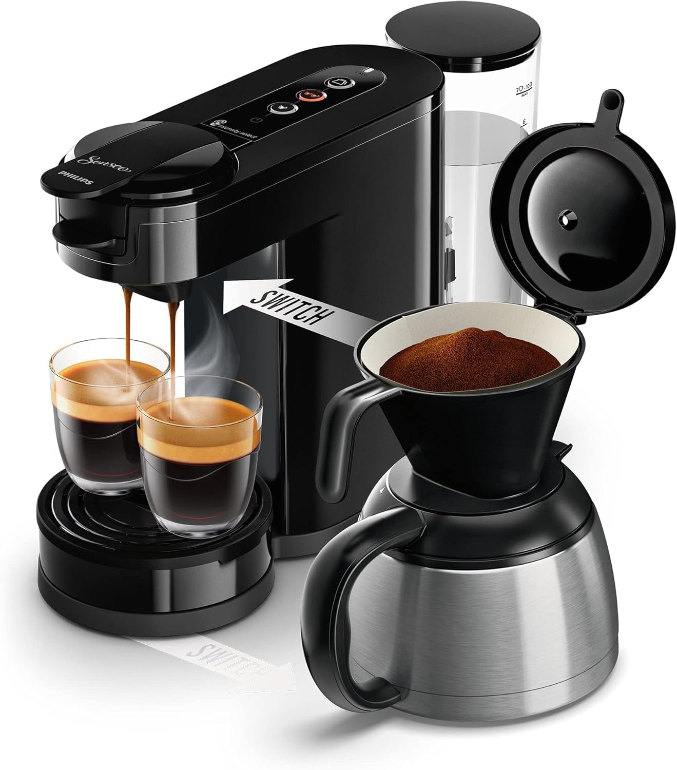 PHILIPS Senseo Switch Machine à expresso à filtre et à dosettes, technologie d'infusion 2 en 1, réservoir d'eau de 1 litre, 7 tasses en une seule infusion, noir piano (HD6592/64)