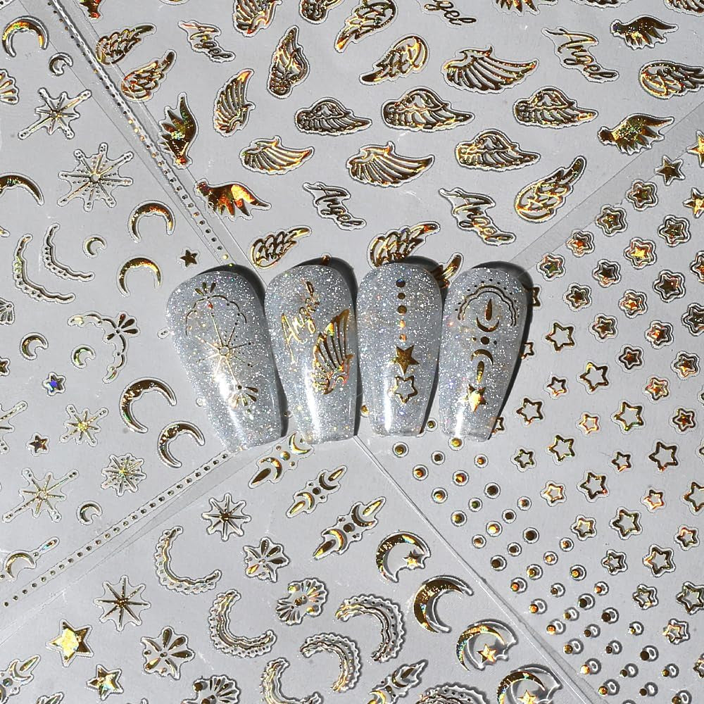 8 feuilles d'autocollants pour ongles dorés, lune et étoiles, ailes d'ange, autocollants pour ongles dorés, feuilles d'étoiles, autocollants pour ongles, accessoires de conception d'ongles, autocollants pour ongles