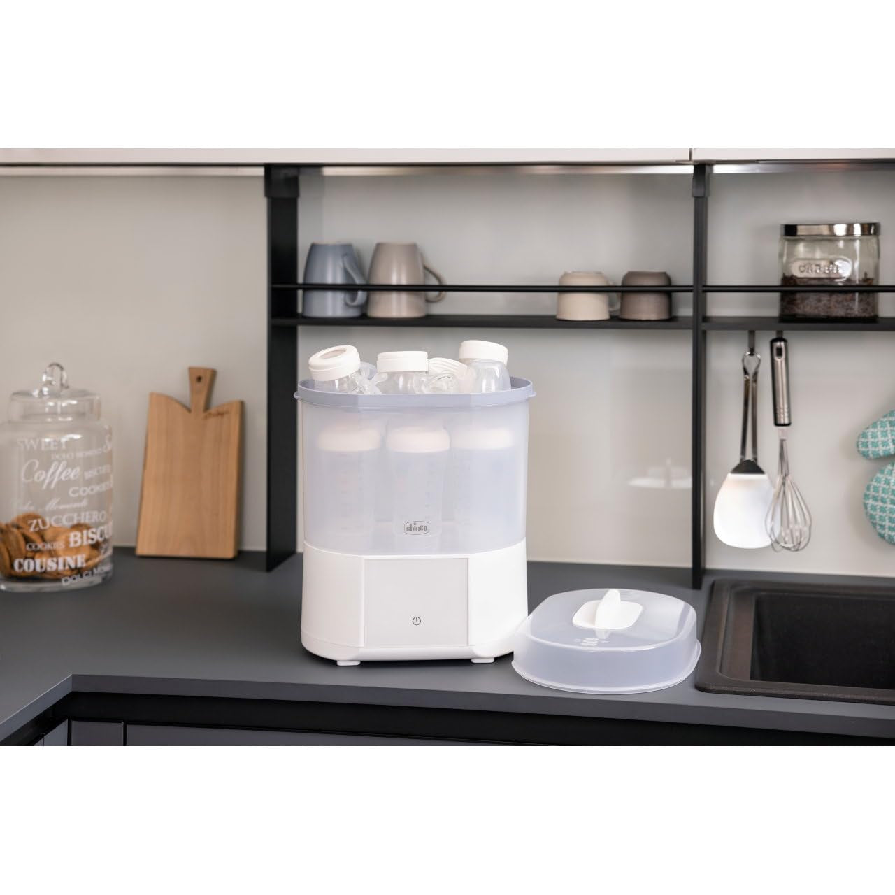 Chicco Stérilisateur modulaire avec fonction de séchage, stérilisateur pour biberons, anneau de dentition et tétine avec arrêt automatique, passe au micro-ondes, convient pour stériliser jusqu'à 6 biberons de 330 ml