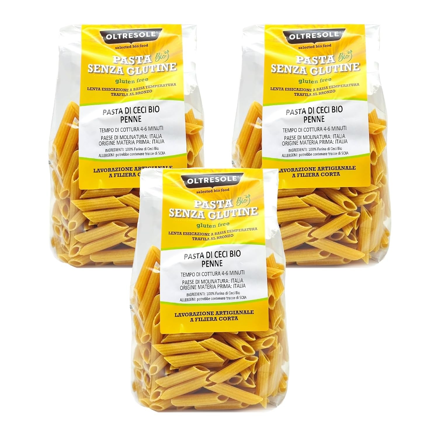 Penne aux pois chiches biologiques italiennes, pâtes protéinées à base de farine de pois chiches 100 % biologique, riches en fibres, végétaliennes, sans gluten, paquet de 3 x 350 g