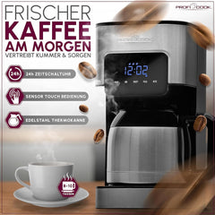 Machine à café Profi Cook | 8-10 tasses | Minuterie | Commandes tactiles à capteur | Carafe thermos à double paroi de 1,2 litre | Sceau de saveur | Cafetière filtre en inox | PC-KA 1191
