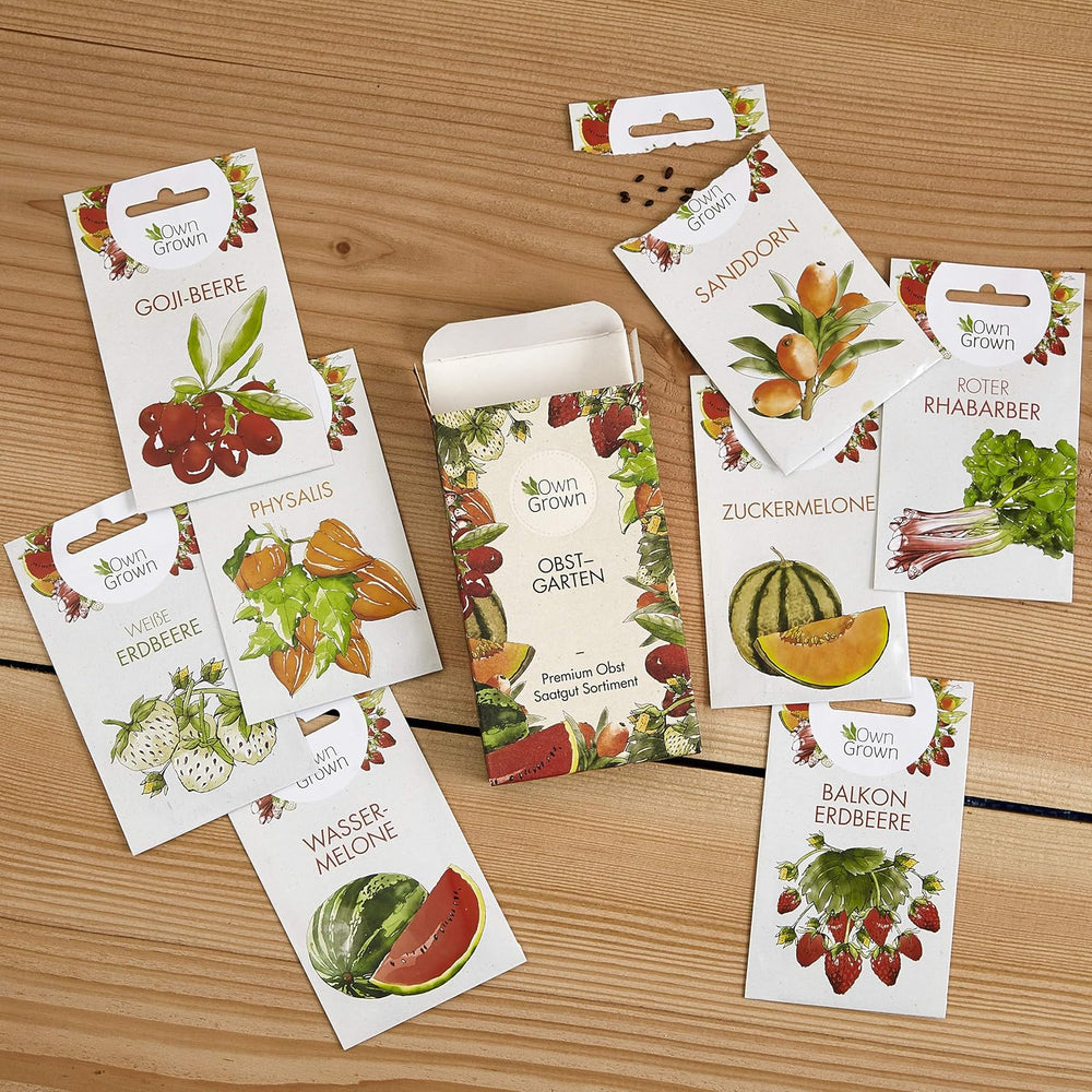 Ensemble de graines de fruits : graines de jardin de qualité supérieure avec 8 variétés de plantes fruitières pour jardin et balcon – graines de pastèque, graines de fraises, groseilles, rhubarbe et plus – Coffret cadeau de graines de fruits de OwnGrown