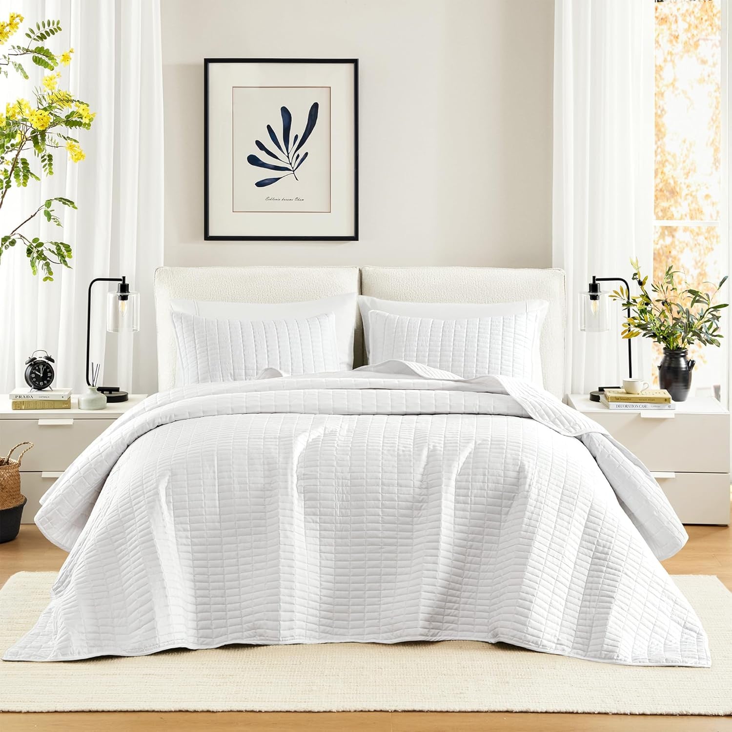 Comfort Spaces Kienna Parure de lit de luxe double couture, couverture d'été, légère, douce, toute l'année, taie d'oreiller assortie, blanc, couverture pour lits king size (264,2 x 228,6 cm), Naty Shop Quilts & Quilts blanc surdimensionné King (120" x 118")