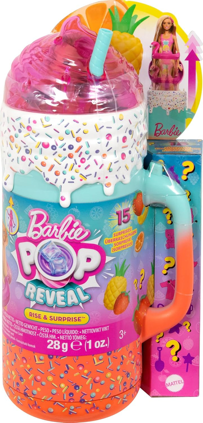 BARBIE Pop Reveal Rise & Surprise Coffret Cadeau - Plus de 15 surprises dont 1 poupée Barbie, des accessoires de plage pour un plaisir ludique et fruité pour les enfants de 3 ans et plus, HRK57