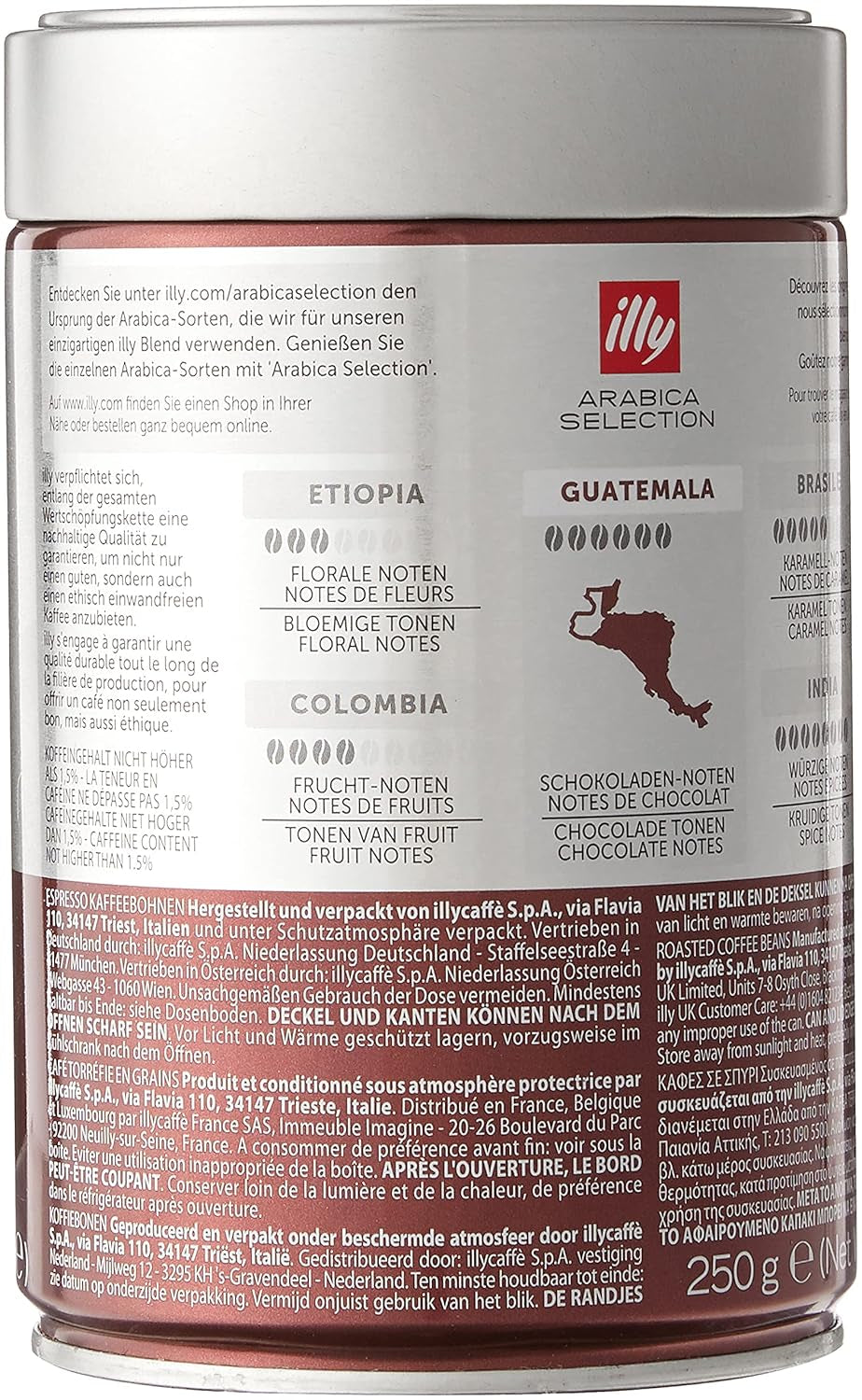 grains de café illy, sélection de grains de café Arabica, Guatemala, paquet de 6 (6 x 250g)