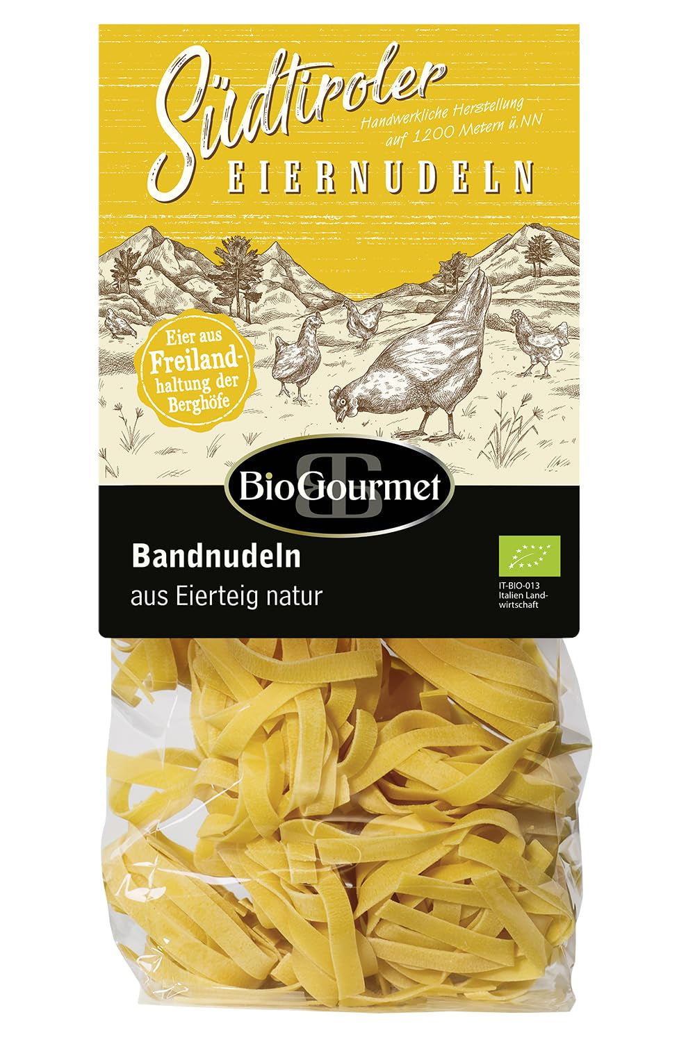 Nouilles en ruban BioGourmet au Schüttelbrot du Tyrol du Sud (IGP) | Nouilles aux œufs salées et aromatisées au véritable speck du Tyrol du Sud | 1 x 250g Bio