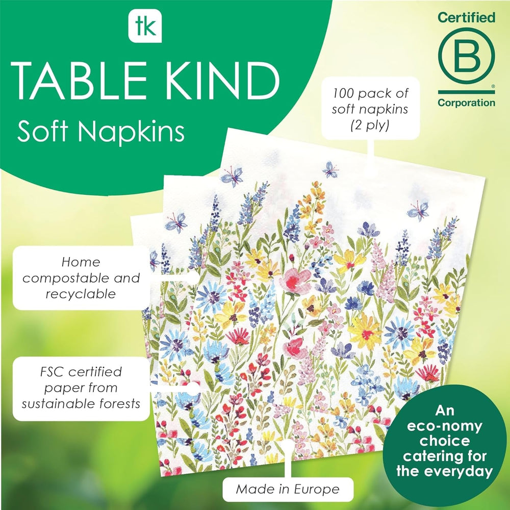 Talking Tables Serviettes jetables de type table, serviettes en papier doux, serviettes jetables à motif floral, pour les mariages ou un usage quotidien, écologiques, compostables, recyclables
