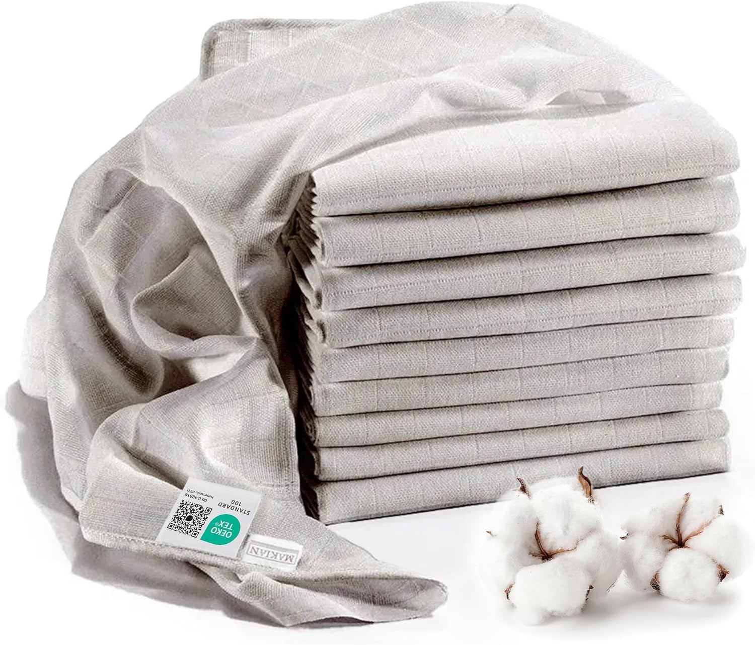 MAKIAN Carrés de Mousseline, Paquet de 10, 80x80cm, Certifié Oeko-TEX® Standard 100, 10 Chiffons Premium - Carrés de Tissu Double Tissé / Carrés de Mousseline, Résistant à l'ébullition - Blanc