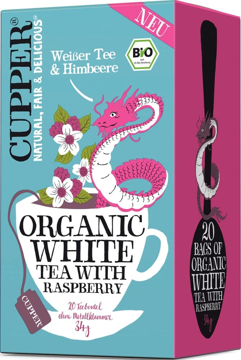 Cupper Ceai alb organic, zmeură, 20 pliculețe, 34 g (pachet cu 4)