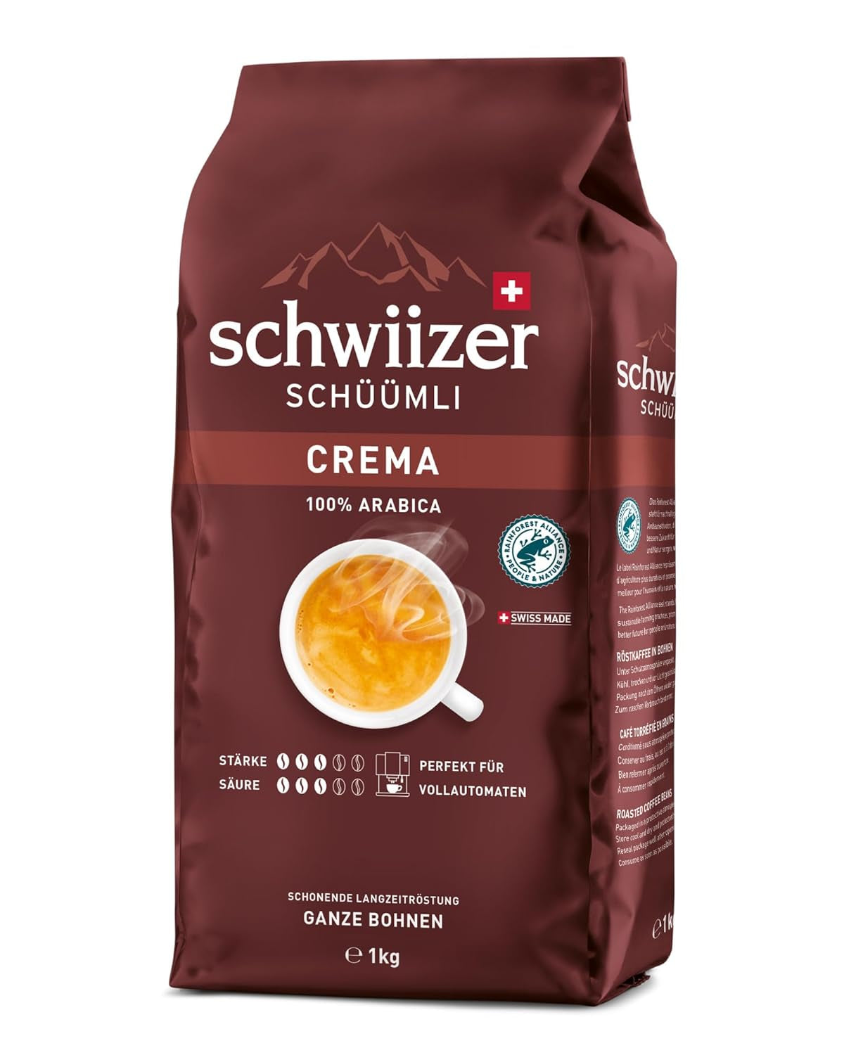Schwiizer Schüümli Crema, café en grains 100% Arabica, aromatique et corsé, idéal pour machines à expresso automatiques, force 3/5, torréfaction moyenne, Rainforest Alliance, 1kg