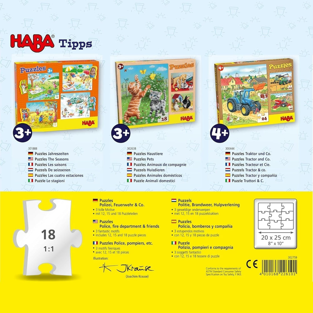 HABA Puzzle Pompiers - Ensemble de 3 pièces pour enfants à partir de 3 ans Puzzle en carton Police et Ambulance - Favorise la motricité fine et la concentration - 1302759001 Puzzle Naty Shop