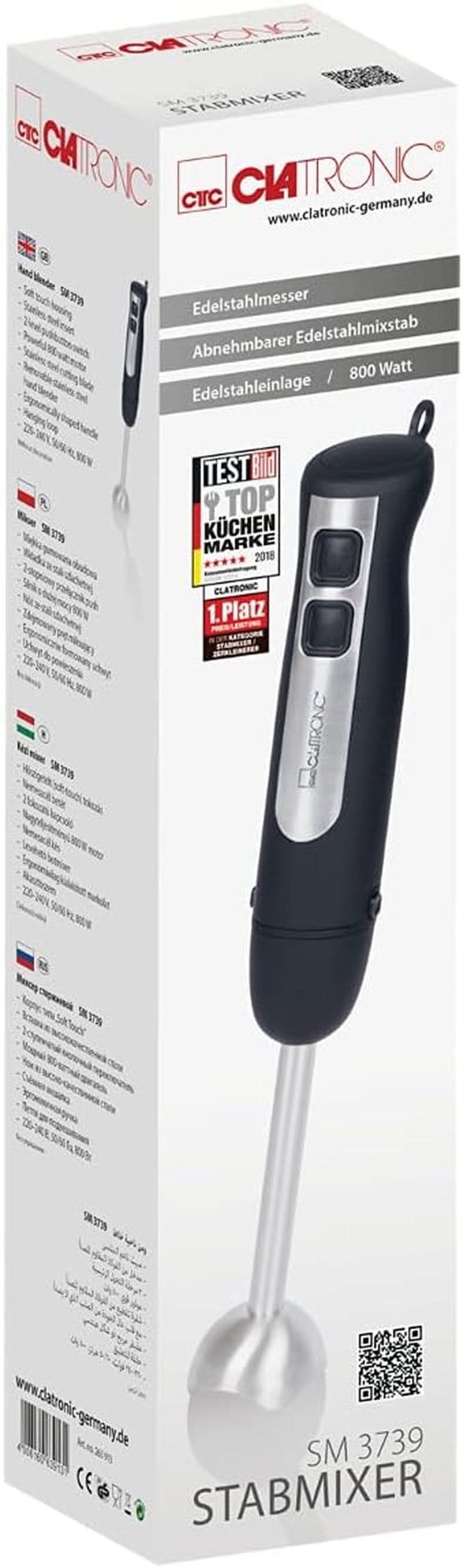 Clatronic Stabmixer SM 3739 Pürierstab, Handmixer, Mixer Für Smoothie, Shakes, 2 Stufen-Schalter, Multizerkleinerer, Edelstahl-Stab and Messer, Aufhängeöse, 800 Watt Motor, Schwarz-Edelstahl Mother and Child Naty Shop