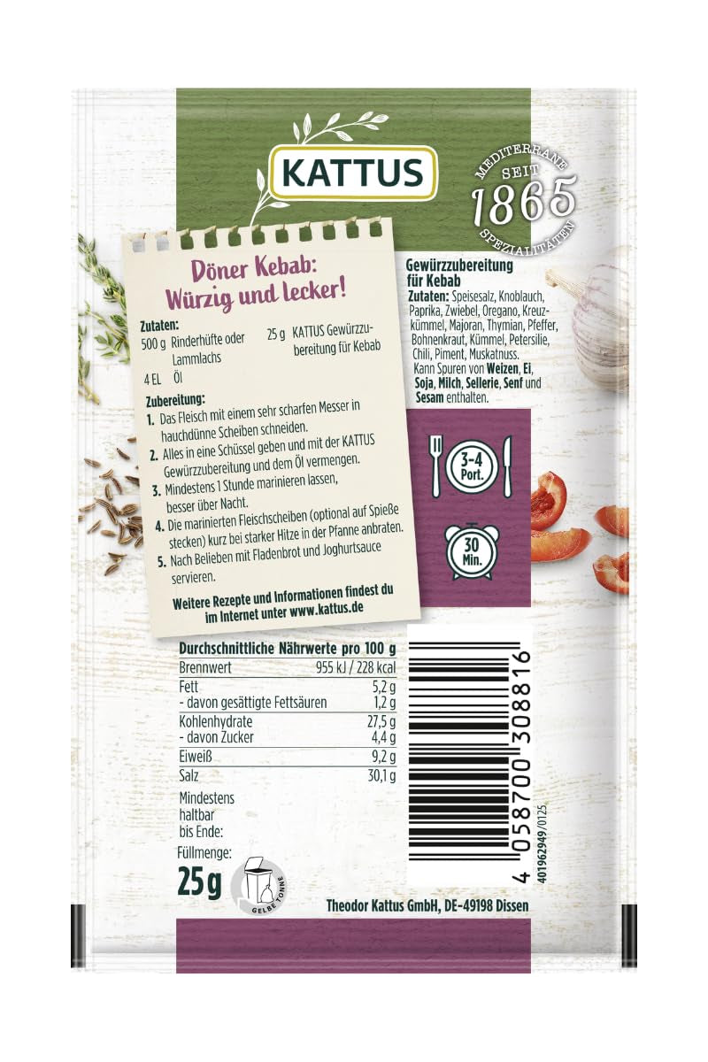 - Kebab Gewurzzubereitung | Assaisonnement pour 3-4 portions | Ohne Zusatz von Fefeextrakt, Aroma et Zusatzstoffen | 25 g en sachet