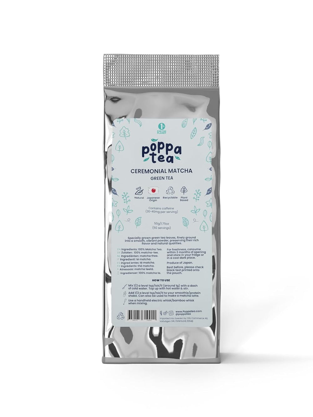 Thé Matcha Poppatea - Cérémonial - Feuilles de thé vert japonais (sac de recharge de 50 g, Matcha avec Chai)