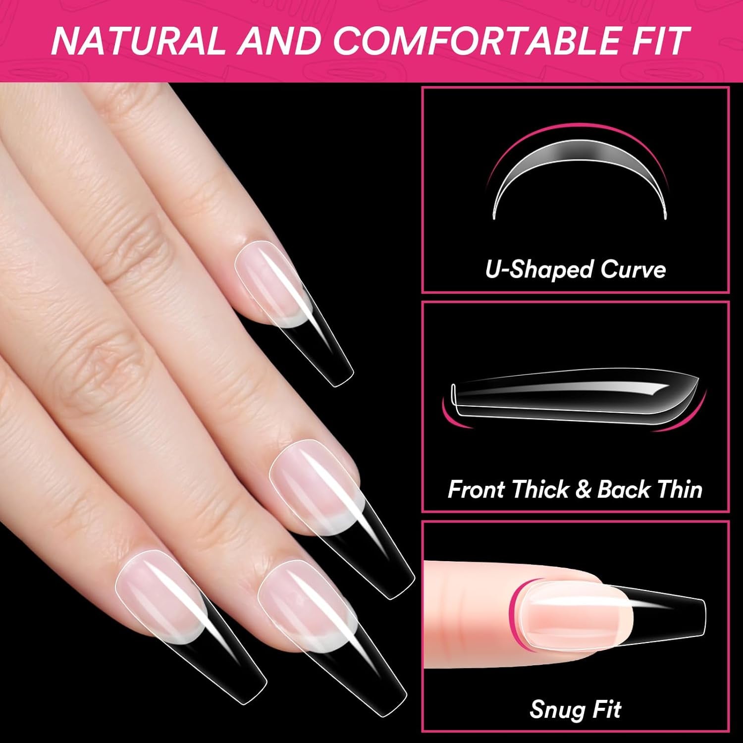 Alyvisun Lot de 500 faux ongles en acrylique à couverture complète avec 240 autocollants pour ongles, 10 tailles de pointes d'ongles en gel transparent, pointes d'ongles en gel souple, pointes d'ongles ballerine