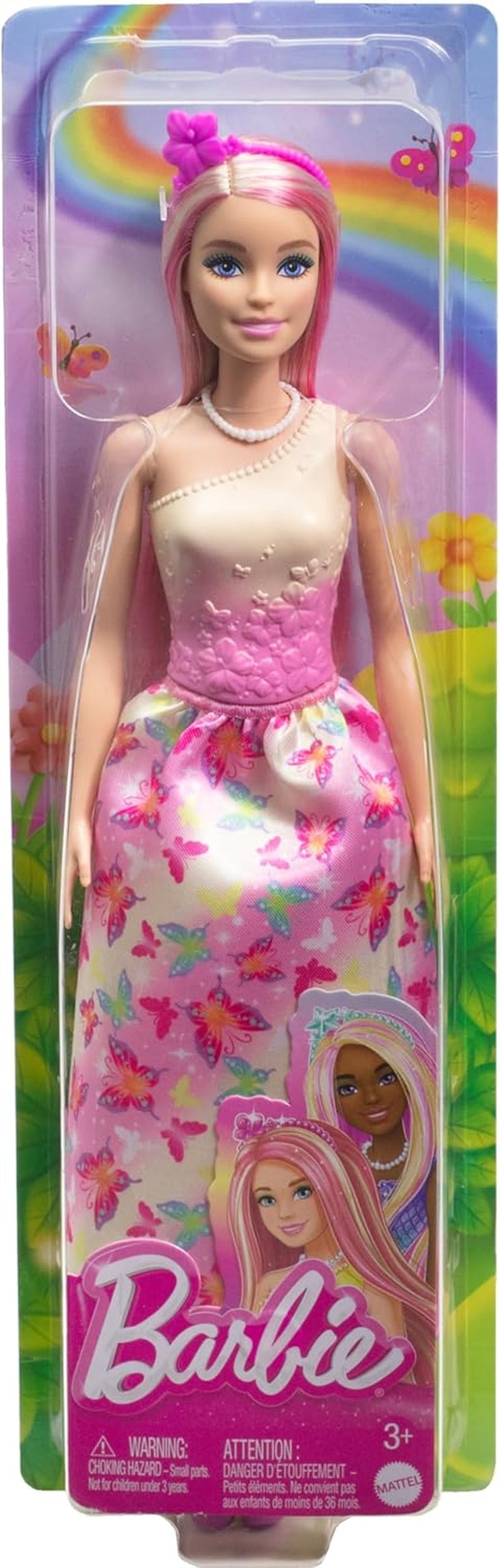 Poupée Barbie Royale avec cheveux fantaisie blonds et roses, accessoires colorés, haut dégradé rose et jupe papillon, HRR08 Naty Shop Dolls