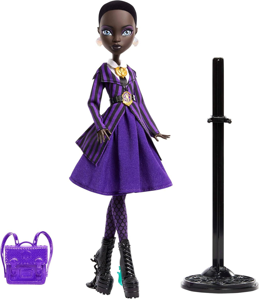 Monster High x Wednesday-Puppe mit Zubehör, Bianca Barclay-Sammelfigur in der Uniform der Nevermore Academy mit Sirenen-Amulett, Rucksack und Puppenständer, JDR71