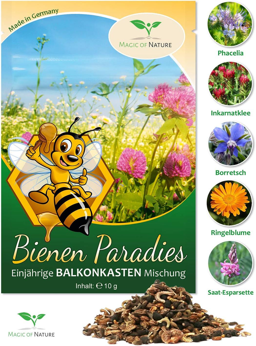 Magic of Nature Balcony Box Mix - 10 g de graines - Plantes respectueuses des abeilles - Facile à utiliser - Bee Paradise - 5 espèces cultivées indigènes - Convient aux bacs à fleurs et aux jardinières