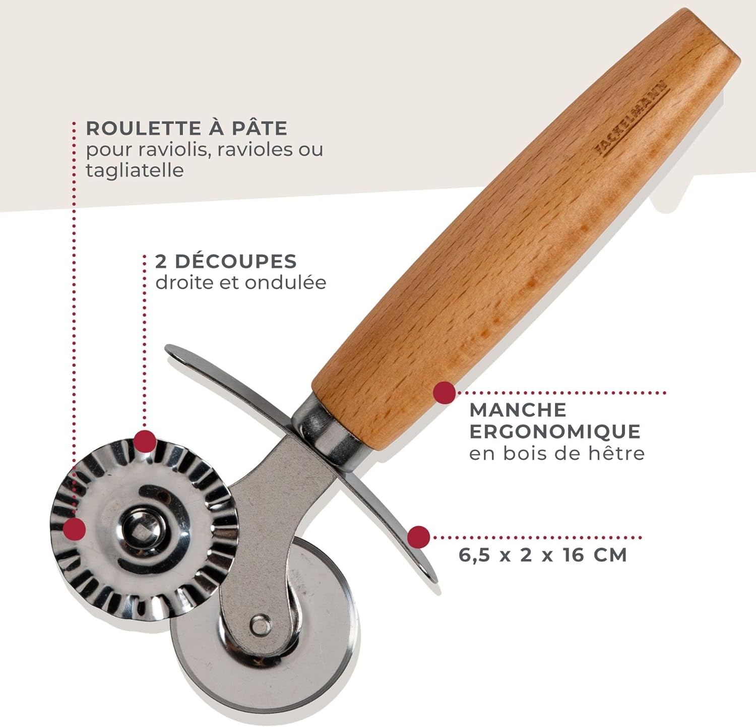 Roulette à pâtisserie Fackelmann pour raviolis, Maultaschen ou biscuits - Roulette à pâtisserie en alliage de zinc en acier inoxydable - pour pâtes maison - Manche ergonomique en bois de hêtre