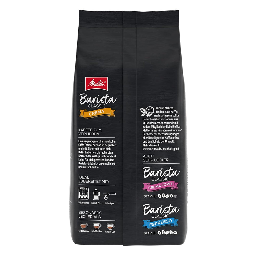 Melitta Barista Classic Crema & Barista Classic Espresso, Cafés entiers 1kg, ungemahlen, Kaffeebohnen für Kaffee-Vollutomat, kräftige Röstung, Stärke 5