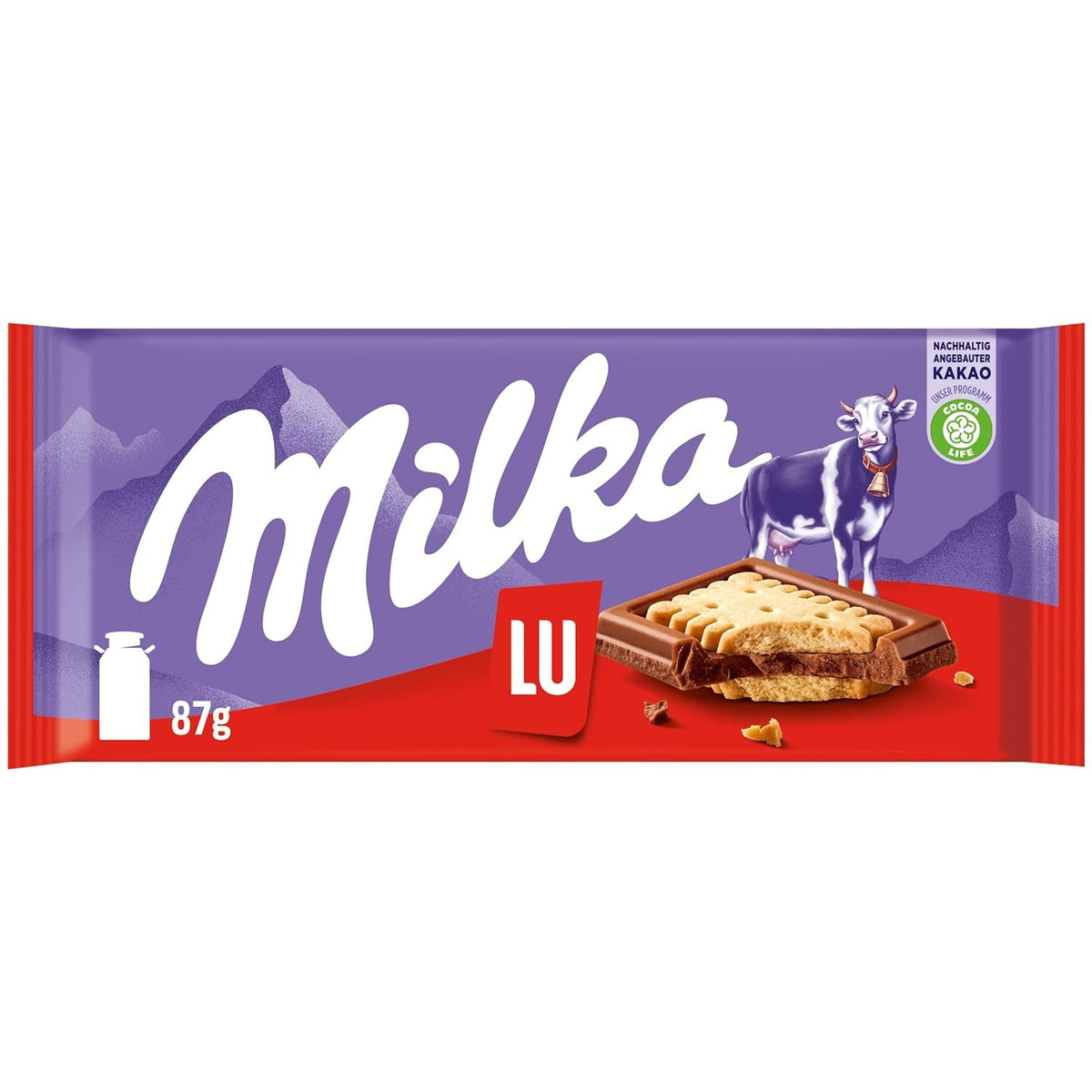 Milka LU – Ciocolată cu lapte alpină cu biscuiți LU crocanți – 87g