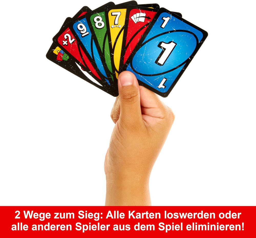 Mattel UNO Show 'em No Mercy - 56 cartes supplémentaires, cartes d'action stimulantes et règles de jeu brutales pour la version la plus impitoyable, règle d'empilage et échange de mains, à partir de 7 ans, HWV18