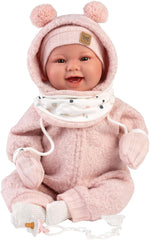 Llorens 1018480 Babypuppe Tala, aux yeux marron et au corps doux, Baby Puppe inkl. flauschigem rosa Tenue d'hiver, Schnuller, Schnullerkette, 44 cm