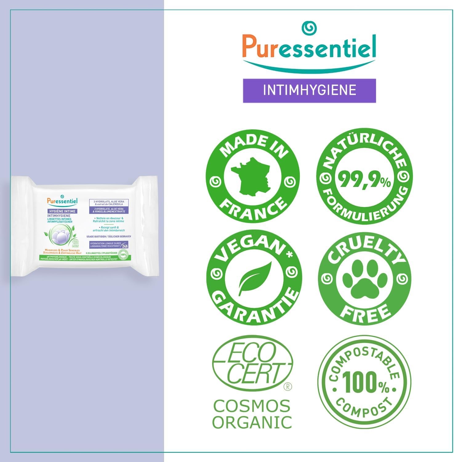 Puressentiel - Hygiène intime - Lingettes intimes - Nettoyantes et rafraîchissantes - Muqueuses et peaux sensibles - Hydratation longue durée 24 heures - Pour un usage quotidien - X25 pcs.