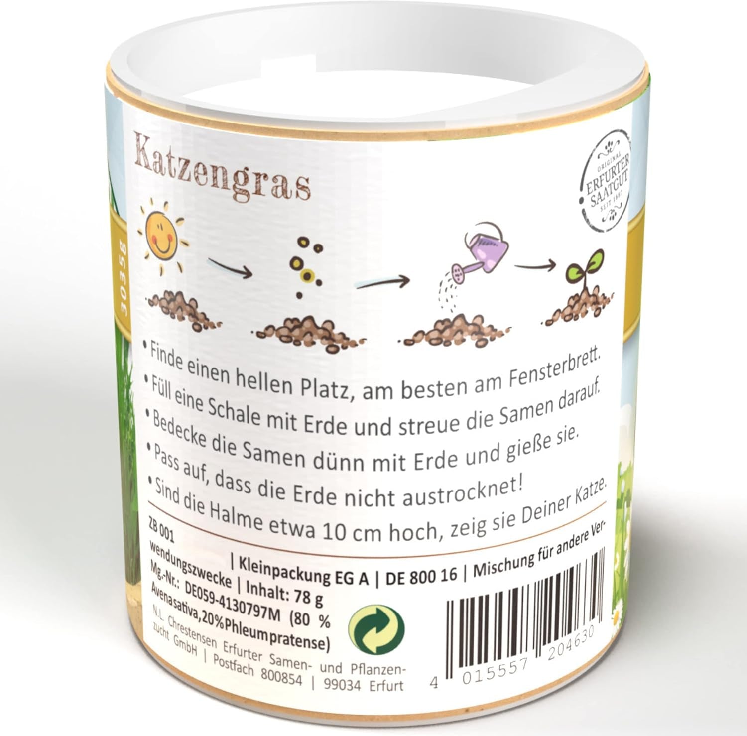 Premium Katzengras Samen Chrestensen Gartenkinder, Grassamen Schnellkeimend Mit Anleitung Für Kinder, 1 Dose Für Ca. 2-2,5 M² Katzengras Fertig Gewachsen, Natürliche Katzen Leckerlies Zu Hause