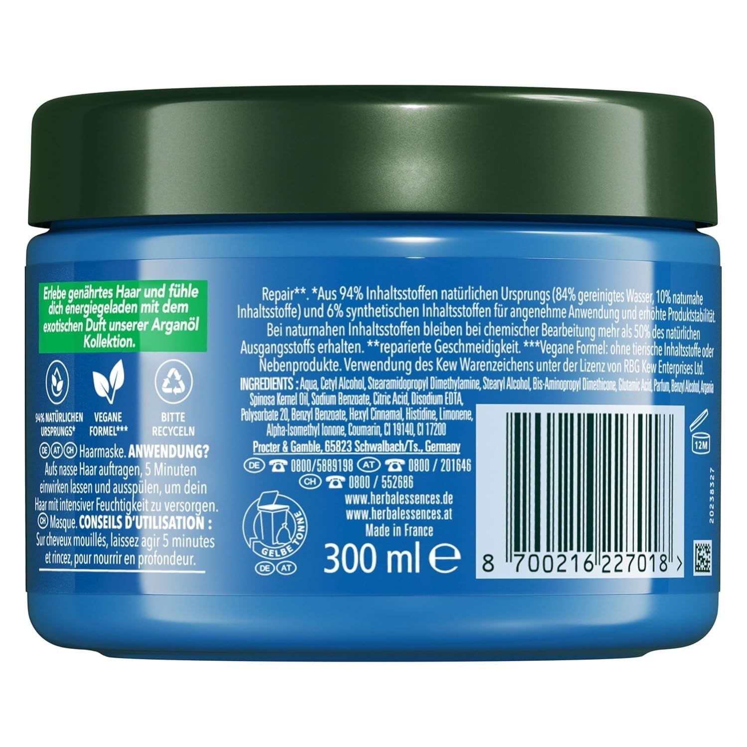 Herbal Essences Masque réparateur capillaire à l'huile d'argan 300 ml. Des cheveux abîmés aux cheveux plus lisses et plus brillants. Soins intensifs. Avec des ingrédients d'origine naturelle. Masque capillaire Vegan Naty Shop