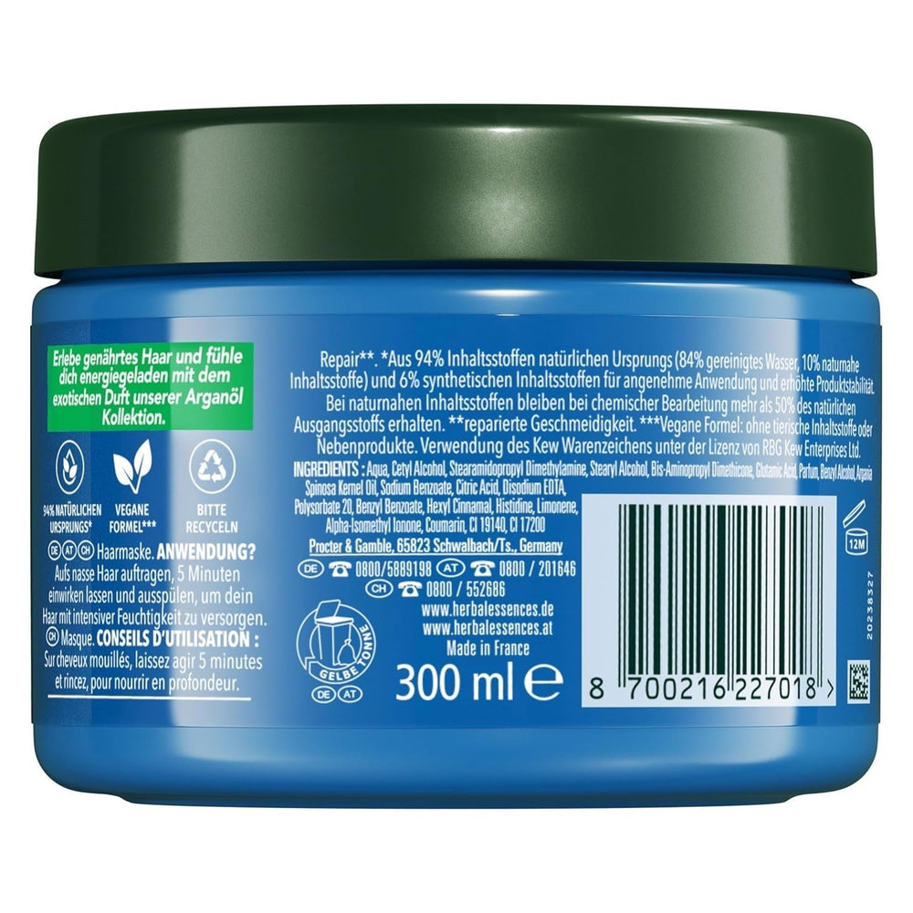 Herbal Essences Masque réparateur capillaire à l'huile d'argan 300 ml. Des cheveux abîmés aux cheveux plus lisses et plus brillants. Soins intensifs. Avec des ingrédients d'origine naturelle. Masque capillaire Vegan Naty Shop