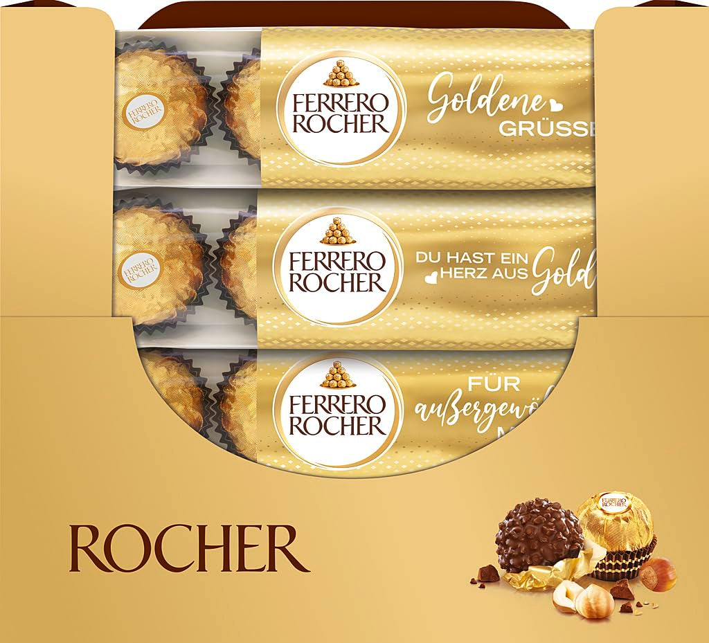 Ferrero Rocher - Pralines Spécialité Croquantes et Crémeuses aux Noisettes - Cadeau de Saint Valentin pour Elle et Lui - 16 Paquets de 4 Pralines Individuelles