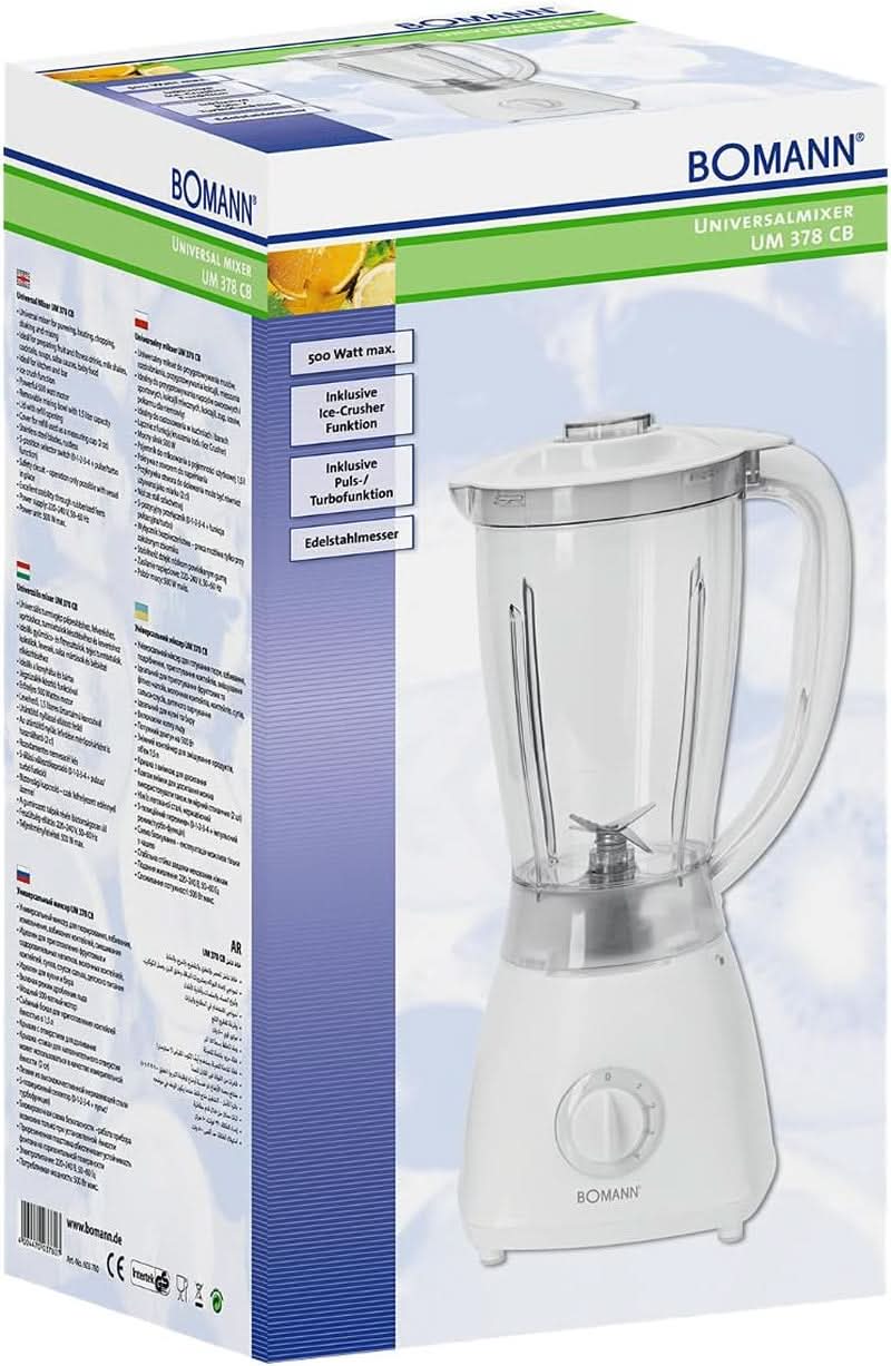 Bomann 378 CB Universalmixer Zum Pürieren, Schlagen, Zerkleinern, Shaken et Mixen, Ice Crush-Funktion, Kraftvoller 500 Watt-Motor, Abnehmbarer Mixbehälter Mit 1.5 Liter, Edelstahlmesser, Weiß, UM 378 CB Kitchen Naty Shop