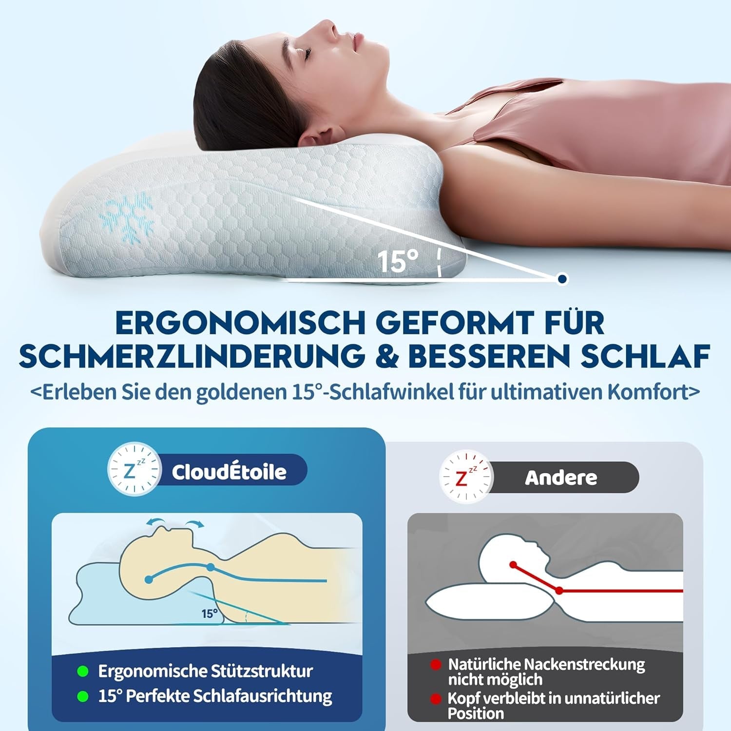 Cloudétoile pernă pentru gât pernă din spumă cu memorie - pernă ortopedică ergonomică 2 în 1 pernă din spumă visco pernă pentru dormit lateral, pernă de susținere a gâtului reglabilă pe înălțime pernă din spumă cu memorie, alb 64X38X12 cm Perne ortopedice cervicale Naty Shop