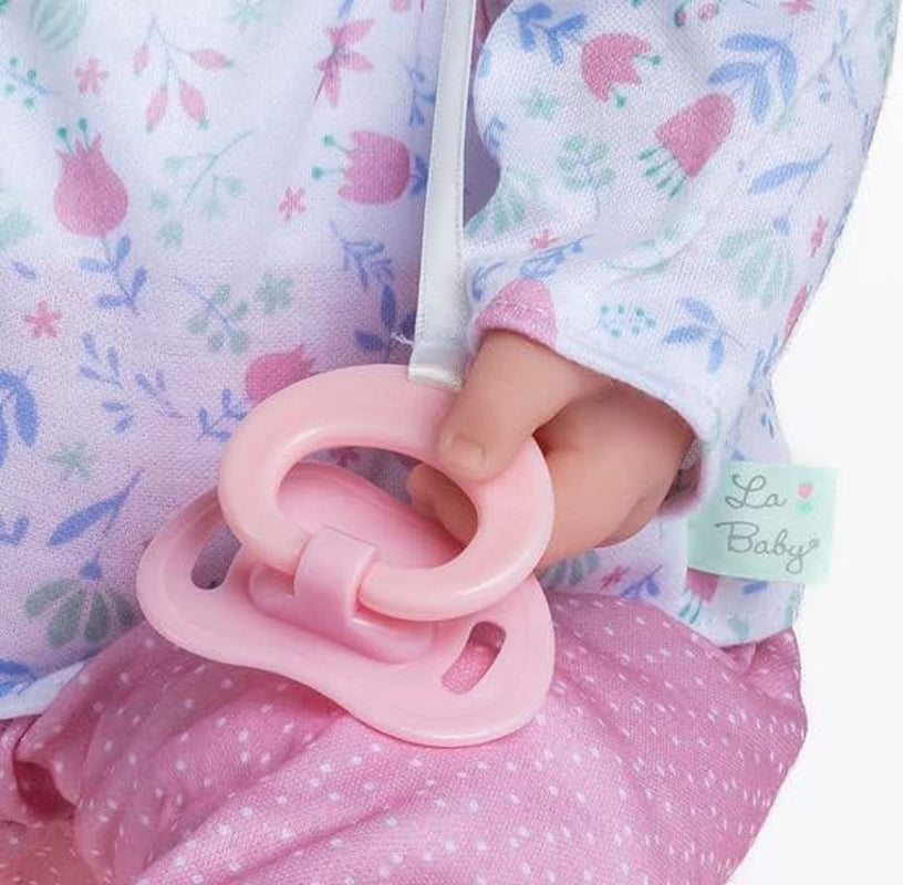 JC Toys La Baby Puppe mit weichem Körper, waschbar, magische Flasche und Schnuller, rosa und weiß, Blumenmuster, entworfen in Spanien, 2 Jahre
