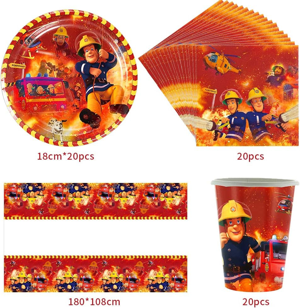 Ensemble de vaisselle de fête à thème pompier, décorations de fête d'anniversaire de pompier, 61 pièces pour 20 invités